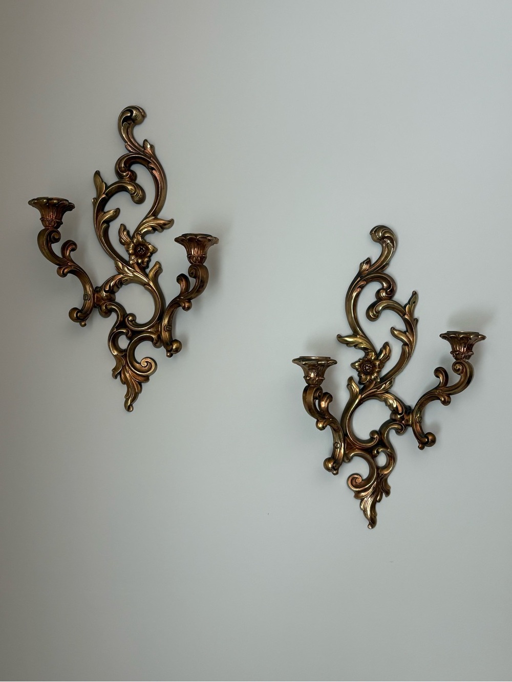 1960s Syroco Gold Peony Double-Candle Wall Sconce Pair